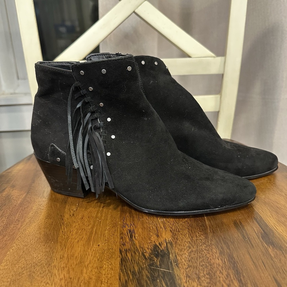 Sam Edelman Rudie Ankle Boots Womens 8 Black Suede Fringe Studded Western Bootie
